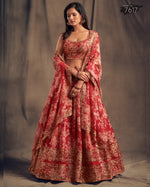 Red Organza Lehenga With Blouse & Dupatta For Indian & Pakistani Wedding Festival - Sequins Zari Embroidery Work