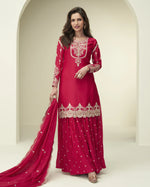 Red Chinon Silk Plazo Suit With Dupatta For Indian & Pakistani Wedding occasion - Thread & Sequence Embroidery