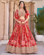 Red Chinnon Silk Lehenga With Blouse & Dupatta For Indian & Pakistani Wedding Festival - Digital Print with Zari Dori Embroidery work
