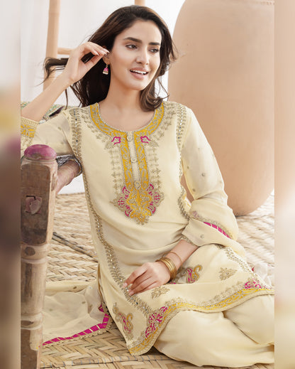 Cream Chinon Silk Salwar Suit With Kameez & Dupatta For Indian & Pakistani Wedding Festival - Mirror, Stone & Dori With Thread & Sequence Work