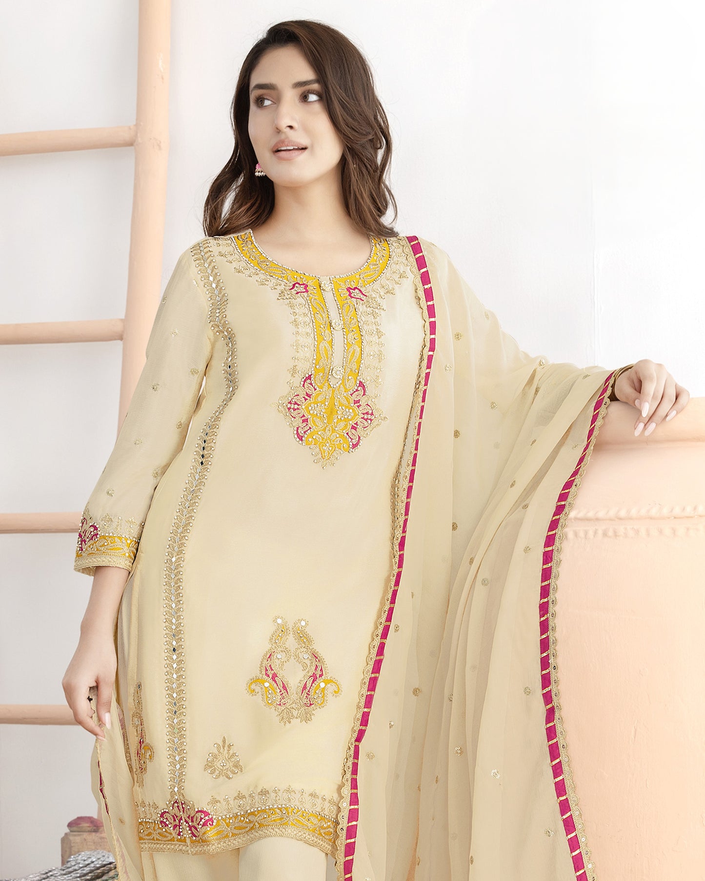 Cream Chinon Silk Salwar Suit With Kameez & Dupatta For Indian & Pakistani Wedding Festival - Mirror, Stone & Dori With Thread & Sequence Work