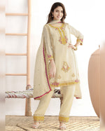 Cream Chinon Silk Salwar Suit With Kameez & Dupatta For Indian & Pakistani Wedding Festival - Mirror, Stone & Dori With Thread & Sequence Work