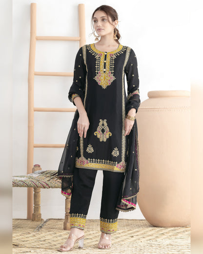 Black Chinon Silk Salwar Suit With Kameez & Dupatta For Indian & Pakistani Wedding Festival - Mirror, Stone & Dori With Thread & Sequence Work
