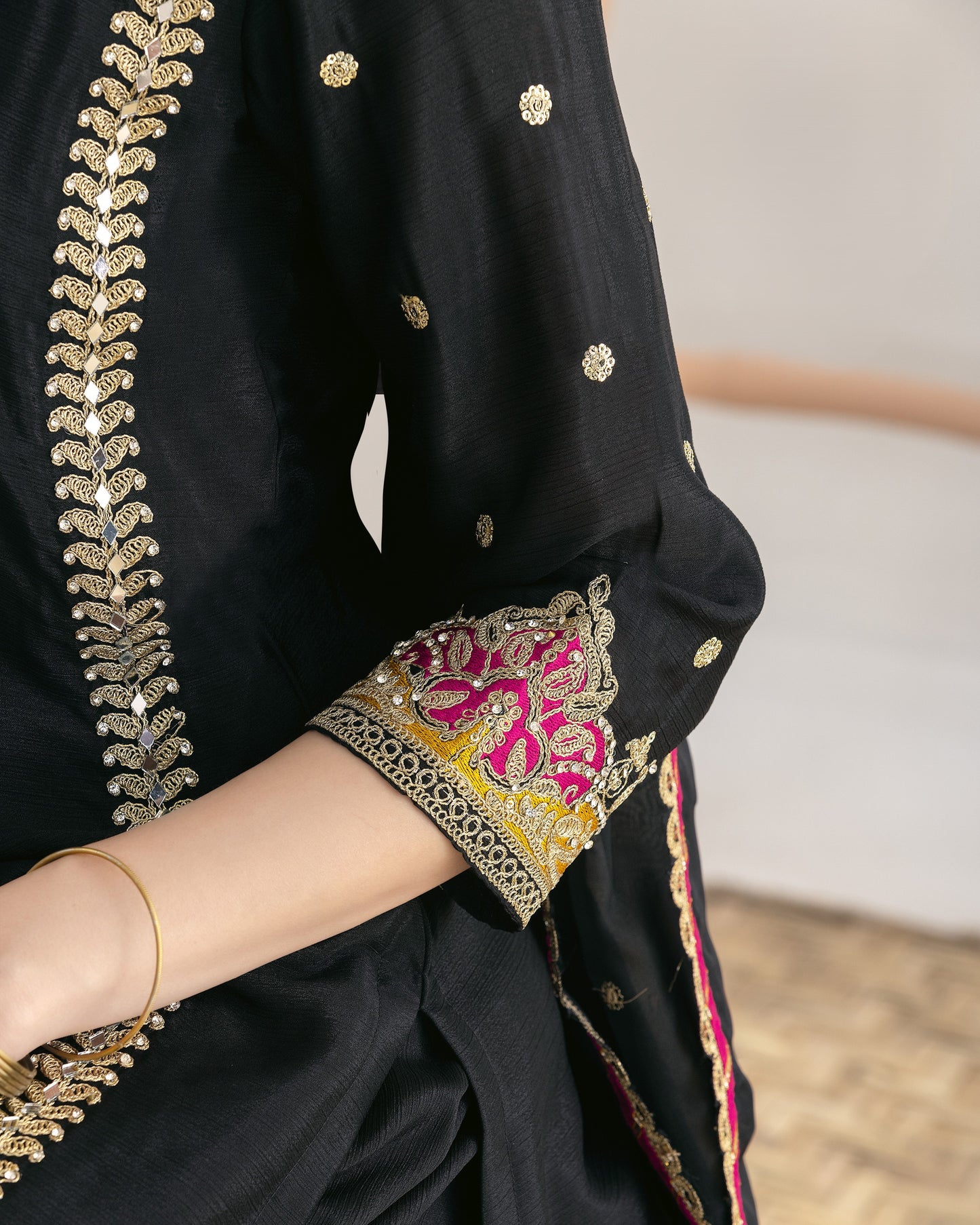 Black Chinon Silk Salwar Suit With Kameez & Dupatta For Indian & Pakistani Wedding Festival - Mirror, Stone & Dori With Thread & Sequence Work