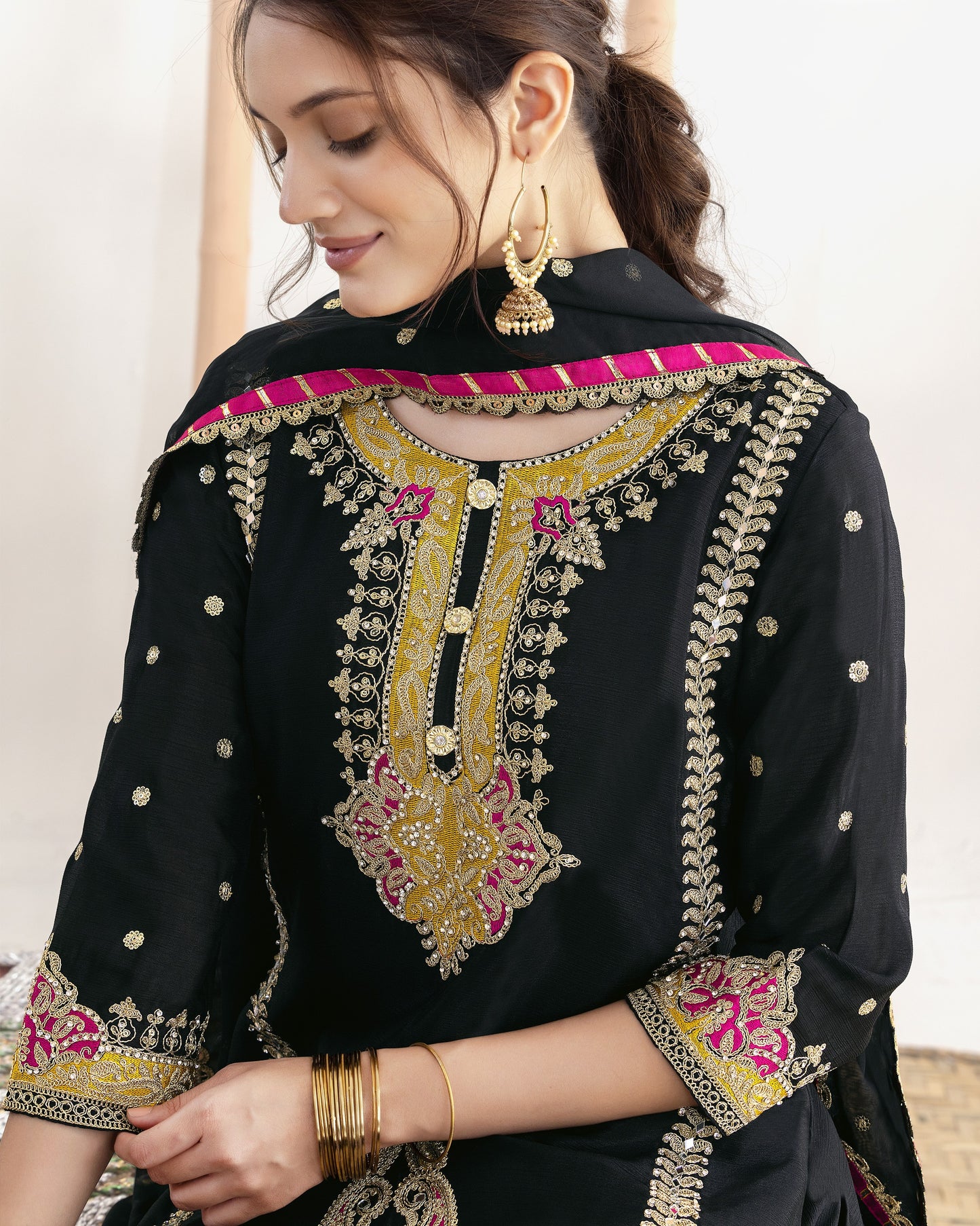 Black Chinon Silk Salwar Suit With Kameez & Dupatta For Indian & Pakistani Wedding Festival - Mirror, Stone & Dori With Thread & Sequence Work