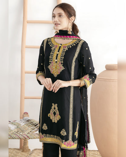 Black Chinon Silk Salwar Suit With Kameez & Dupatta For Indian & Pakistani Wedding Festival - Mirror, Stone & Dori With Thread & Sequence Work