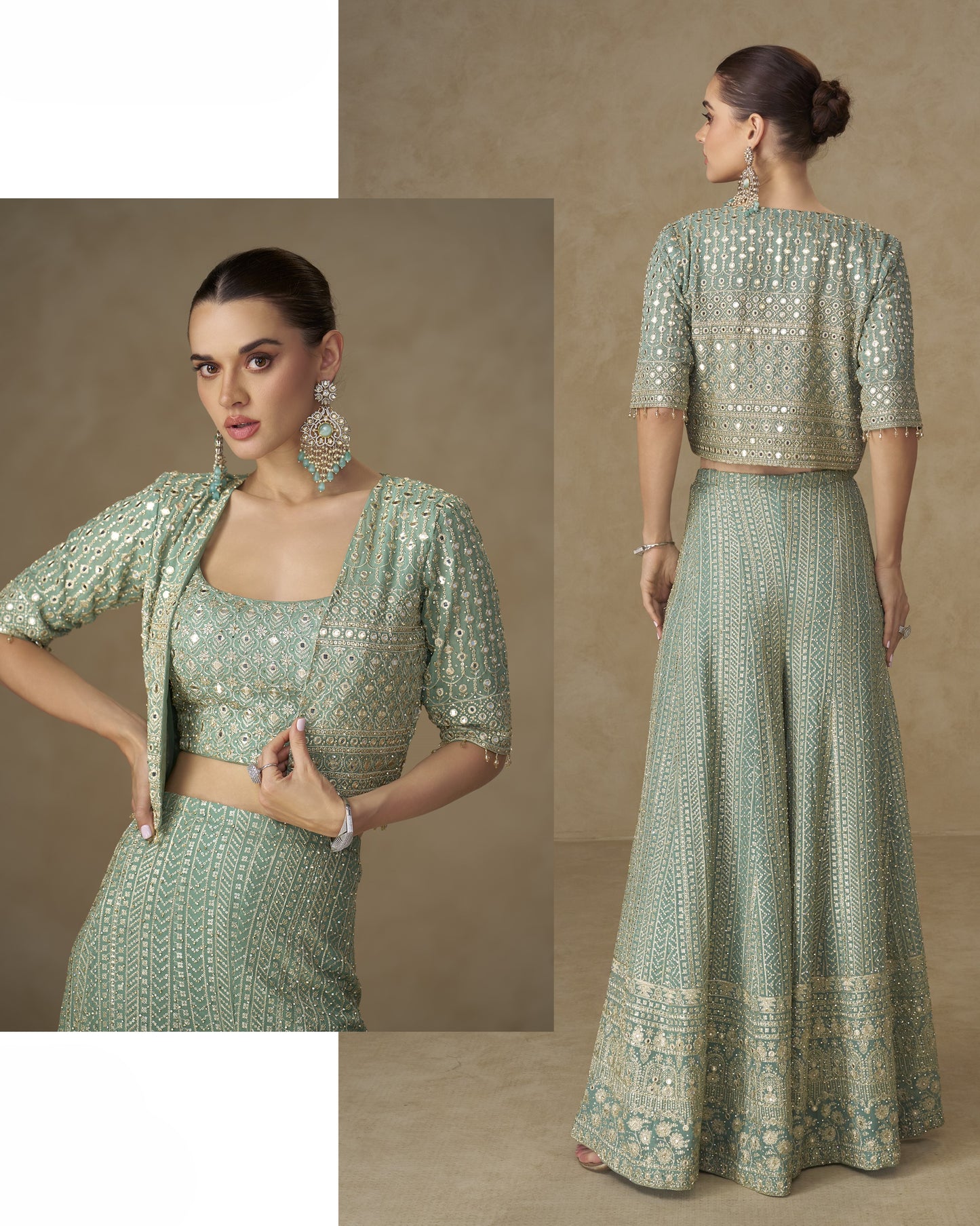 Woman wearing a green embroidered outfit with a matching jacket, posing against a beige background.