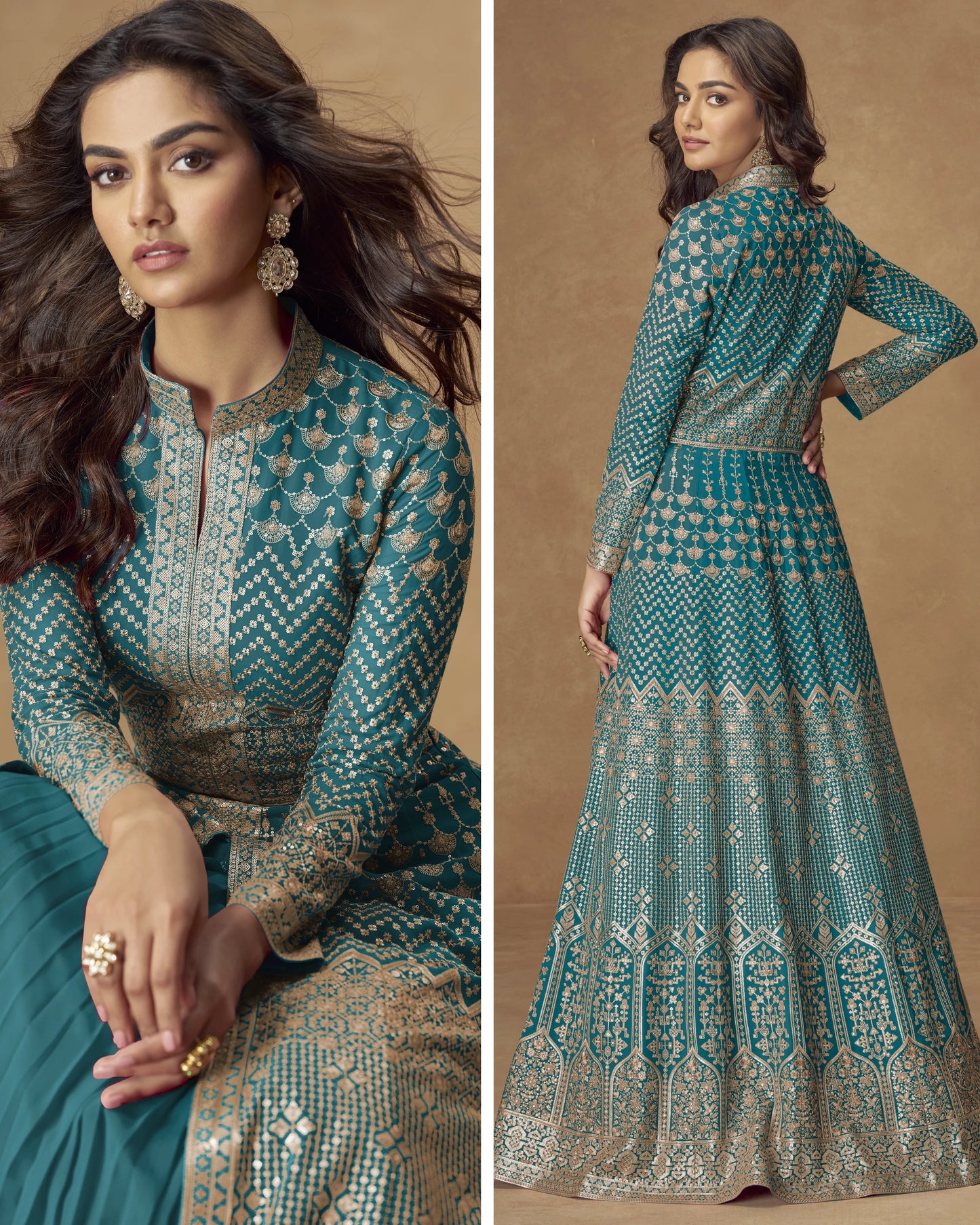 Woman wearing a teal and gold embroidered traditional outfit, sitting and standing against a beige background.