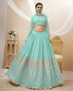 Sky Blue Georgette Blouse With Lehenga For Indian & Pakistani Wedding Festival - Sequins Zari Embroidered Work
