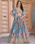 Sky Blue Chinnon Silk Lehenga With Blouse & Dupatta For Indian & Pakistani Wedding Festival - Digital Print with Zari Dori Embroidery work