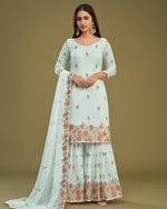 Sky Blue Georgette Sharara Suit With Kameez And Dupatta For Indian & Pakistani Wedding Festival - Multi Thread Sequence Work
