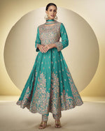 Teal Chinon Silk Anarkali Suit With Bottom & Dupatta For Indian & Pakistani Wedding Festival - Thread & Sequence Embroidery Work