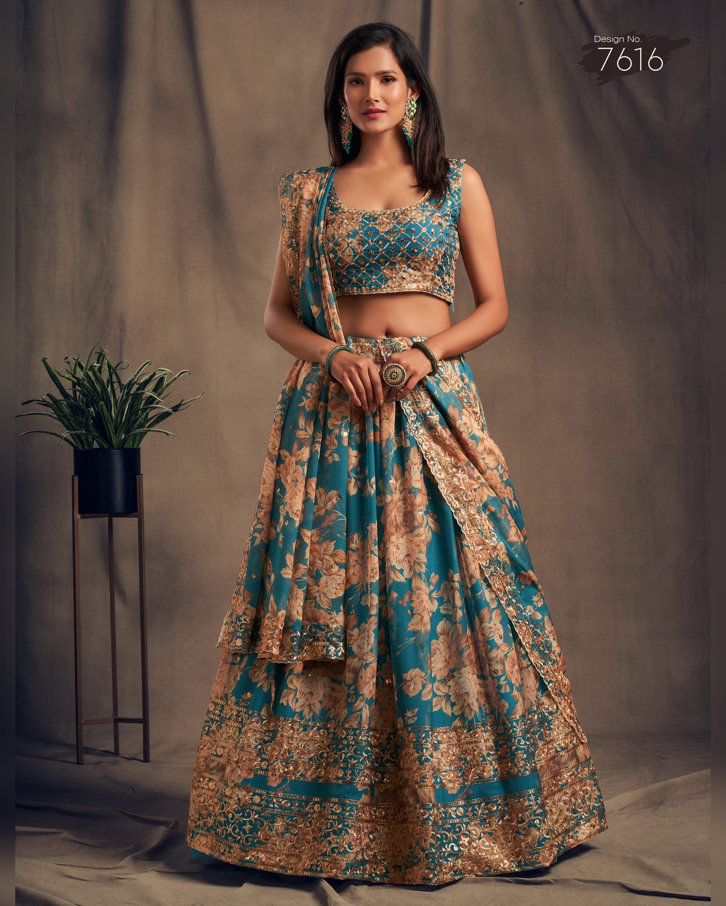 Teal Blue Organza Lehenga With Blouse & Dupatta For Indian & Pakistani Wedding Festival - Sequins Zari Embroidery Work