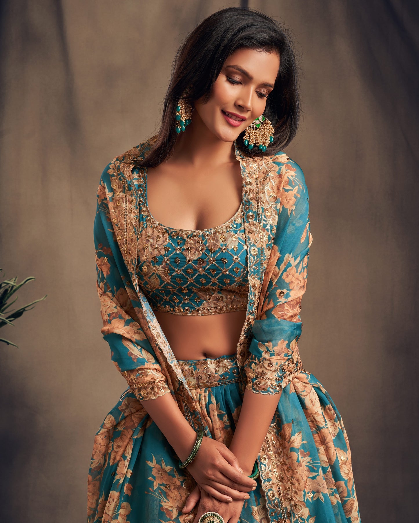 Teal Blue Organza Lehenga With Blouse & Dupatta For Indian & Pakistani Wedding Festival - Sequins Zari Embroidery Work