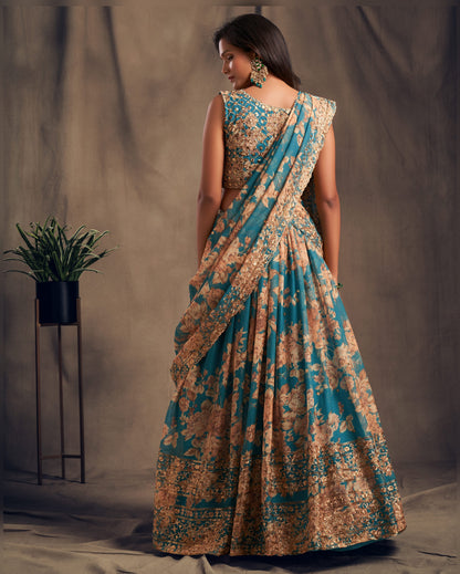 Teal Blue Organza Lehenga With Blouse & Dupatta For Indian & Pakistani Wedding Festival - Sequins Zari Embroidery Work