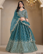 Teal Silk Lehenga Choli With Blouse & Dupatta For Indian & Pakistani Wedding Festival - Thread & Sequins Embroidery Work