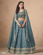 Teal Organza Lehenga Choli With Blouse & Dupatta For Indian & Pakistani Wedding Festival - Dori With Thread & Sequins Embroidery Work
