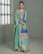 Teal Chinon Silk Plazo Pair For Indian & Pakistani Wedding Festival - Thread & Sequence Embroidery