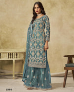 Teal Net Sharara Suit With Kameez & Dupatta For Indian & Pakistani Wedding Festival - Thread Sequence Work