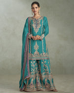 Teal Chinon Silk Plazo With Top & Dupatta For Indian & Pakistani Wedding Festival - Mirror Dori Thread Sequence Work