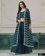 Teal Chinon Silk Plazo Suit With Blouse & Jacket For Indian & Pakistani Wedding Festival - Dori & Thread Embroidery Work