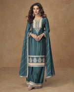 Teal Chinon Silk Plazo Thread & Sequence Embroidery for Indian & Pakistani Wedding Festival