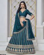 Teal Silk Lehenga Choli With Blouse & Dupatta For Indian & Pakistani Wedding Festival - Thread & Sequins Embroidery Work