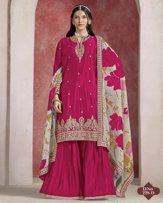 Woman wearing a pink traditional outfit with a floral dupatta against a neutral background