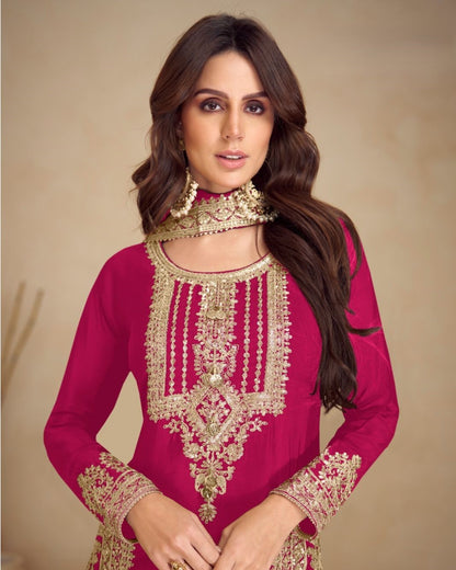 Pink Chinon Silk Kameez With Salwar Suit For Indian & Pakistani Wedding Festival - Thread & Sequence Embroidery