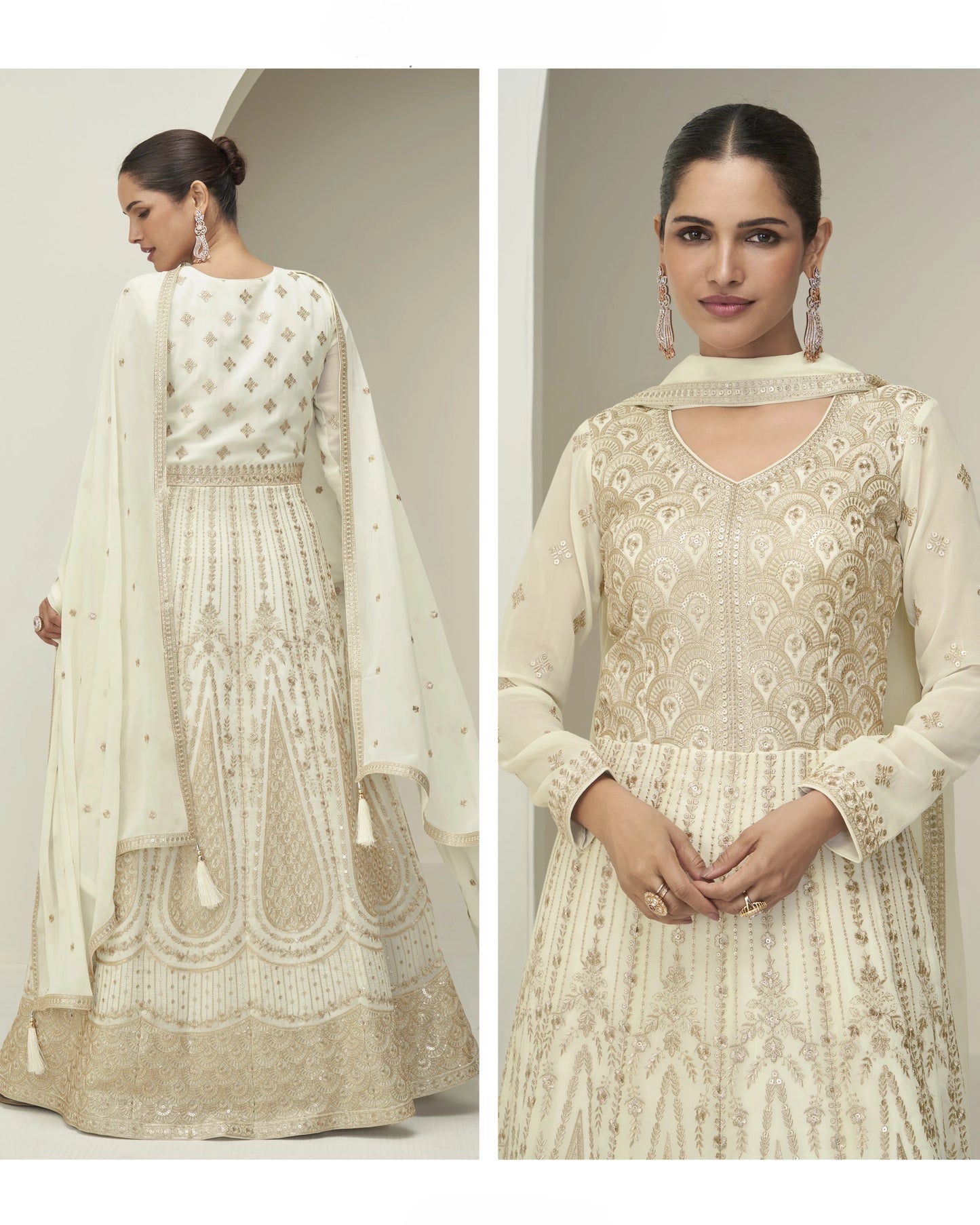 Two images of a woman wearing an embroidered traditional outfit with a plain background.