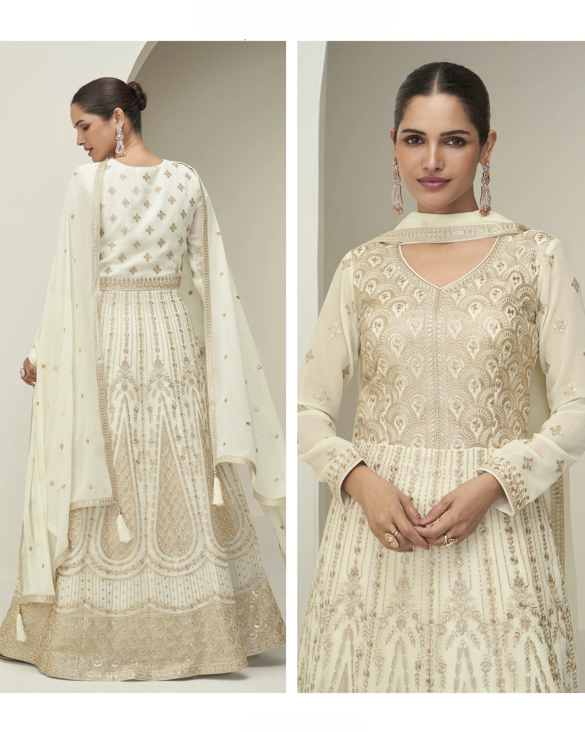 Two images of a woman wearing an embroidered traditional outfit with a plain background.