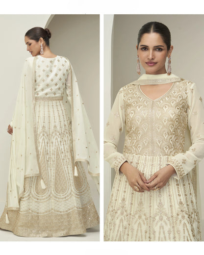 Two images of a woman wearing an embroidered traditional outfit with a plain background.