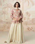 Off-White Chinon Silk Plazo Suit For Indian & Pakistani Wedding occasion - Thread & Sequence Embroidery