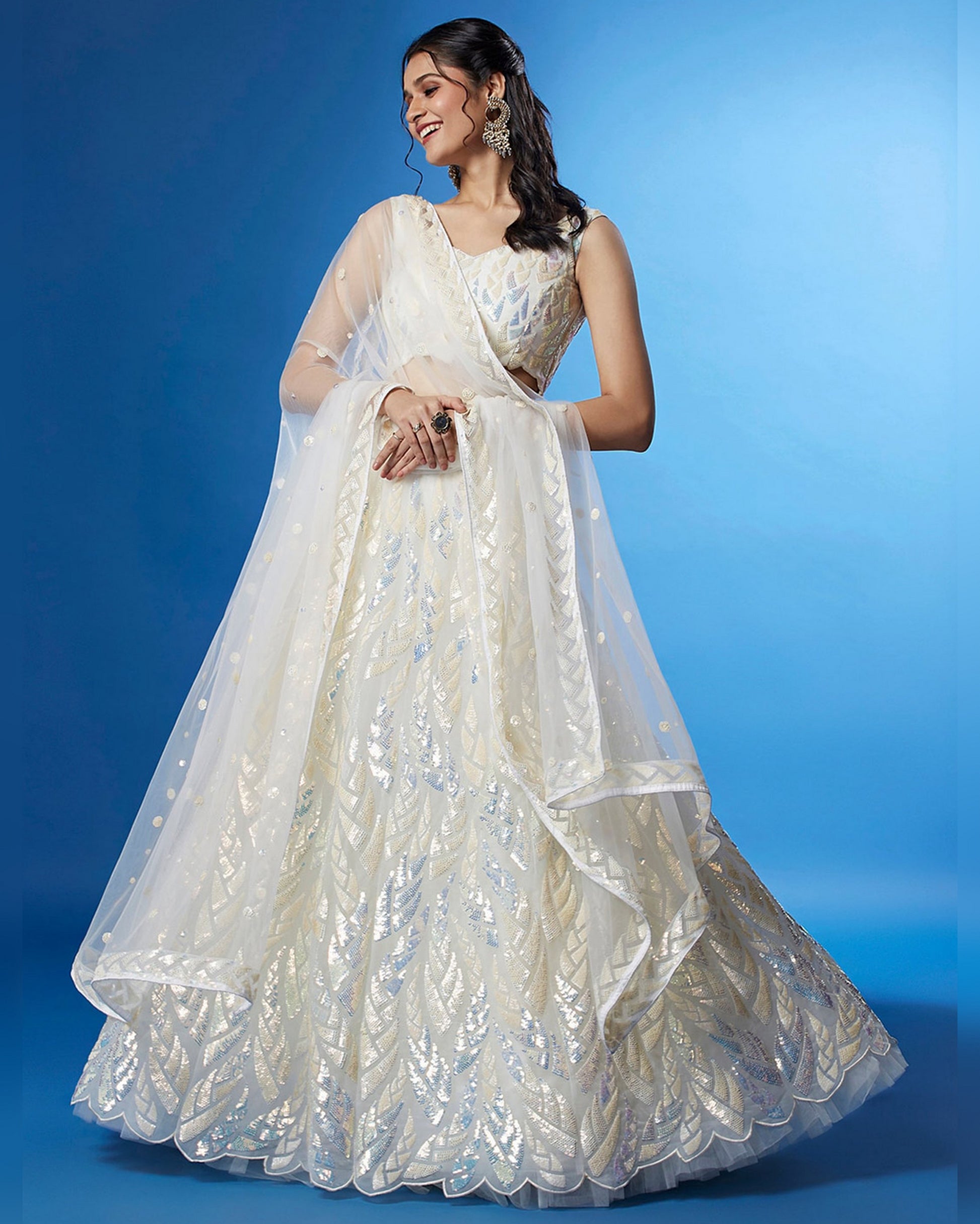 White Lehenga: Net Embroidered Lehenga with Blouse for Weddings Dress of India White Lehenga: Net Embroidered Lehenga with Blouse for Weddings Dress of India