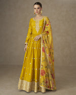 Yellow Chinon Silk Anarkali Suit With Dupatta For Indian & Pakistani Wedding Festival - Dori Thread Sequence Work