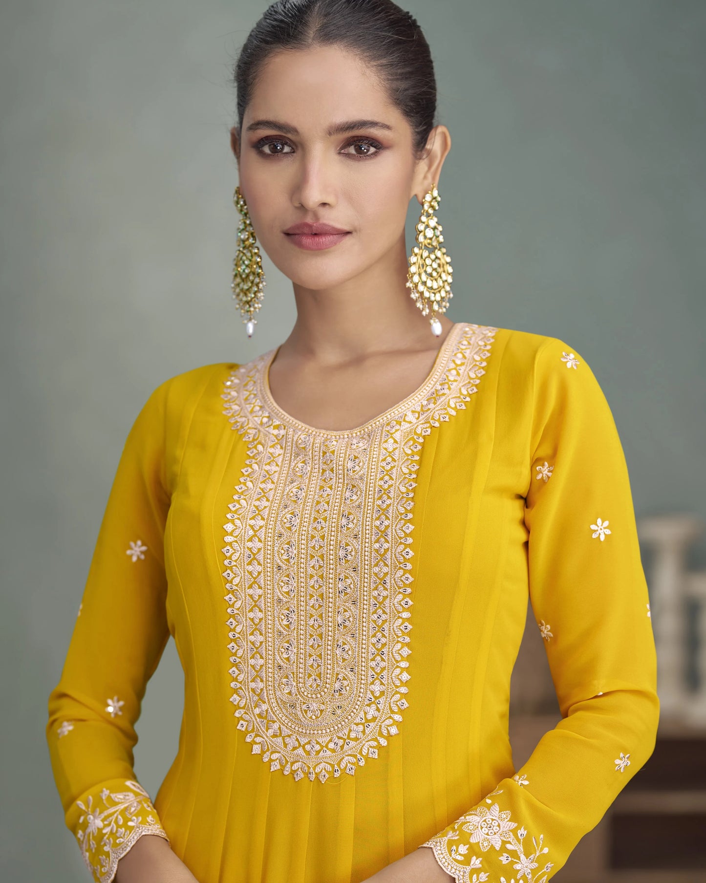 Yellow Georgette Anarkali Set For Indian & Pakistani Wedding Festival occasion - Thread & Sequence Embroidery