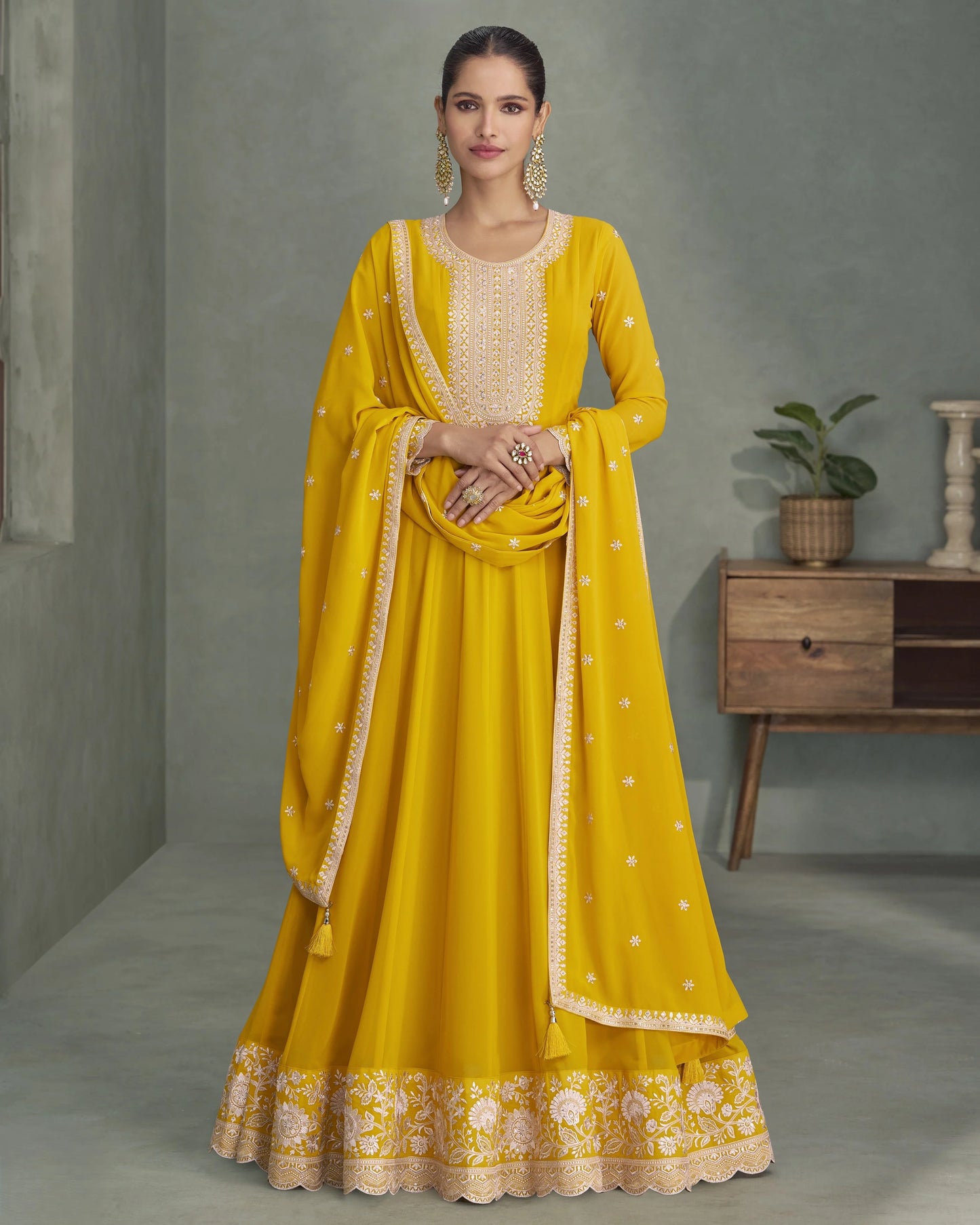 Yellow Georgette Anarkali Set For Indian & Pakistani Wedding Festival occasion - Thread & Sequence Embroidery