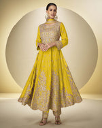 Yellow Chinon Silk Anarkali Suit With Bottom & Dupatta For Indian & Pakistani Wedding Festival - Thread & Sequence Embroidery Work