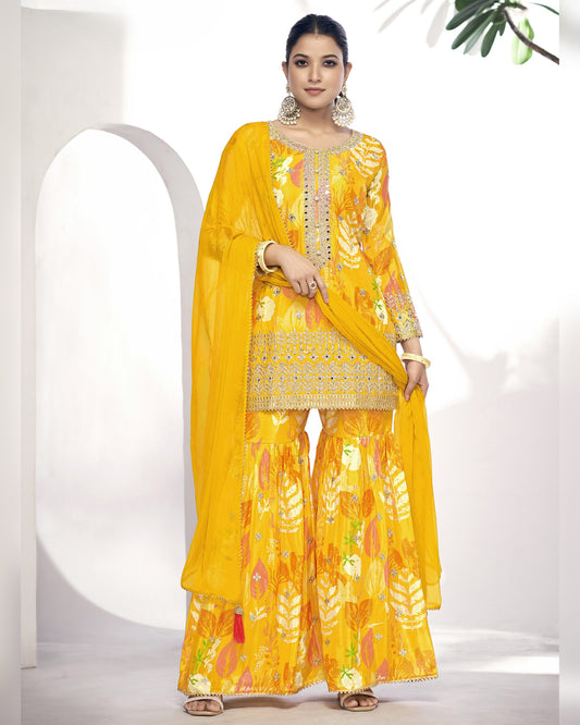Yellow Chinon Silk Sharara Suit With Kameez & Dupatta For Indian & Pakistani Wedding Festival - Digital Print - Handmade Stone & Mirror Sequence Embroidery Work