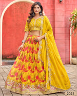 Mustard Yellow Silk Lehenga Choli With Blouse & Dupatta For Indian & Pakistani Wedding Festival - Digital Print with Thread & Sequins Embroidery work