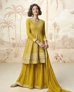 Yellow Georgette Plazo Suit For Indian & Pakistani Wedding Festival - Thread & Sequence Embroidery