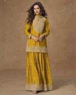 Yellow Chinon Silk Plazo With Top & Dupatta For Indian & Pakistani Wedding Festival - Dori Thread Work