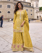 Yellow Simar Silk Plazo With Top & Dupatta For Indian & Pakistani Wedding Festival - Embroidery Work & Tassel lace