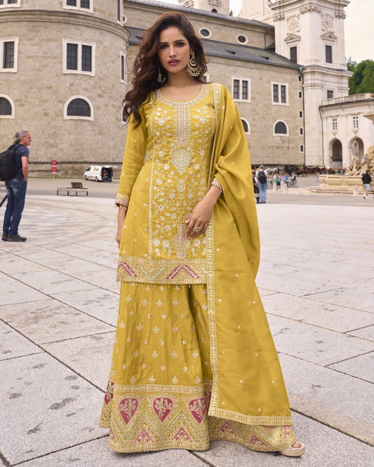 Woman in a yellow traditional outfit standing in an outdoor setting with architectural background