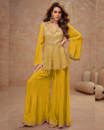 Yellow Chinon Silk Plazo With Top For Indian & Pakistani Wedding Festival - Mirror Dori Thread Sequence Work