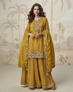Yellow Shimmer Silk Plazo Suit For Indian & Pakistani Wedding Festival - Thread & Sequence Embroidery