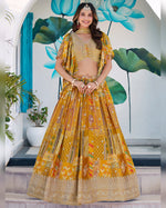 Yellow Chinnon Silk Lehenga With Blouse & Dupatta For Indian & Pakistani Wedding Festival - Digital Print with Zari Dori Embroidery work