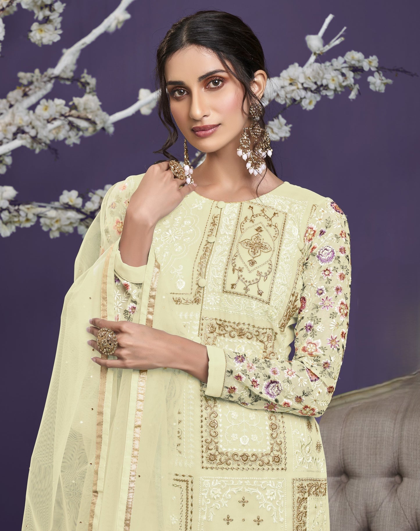 Yellow Georgette Kameez With Salwar Suit For Indian & Pakistani Wedding Festival Season - Thread, Zari & Sequence Work