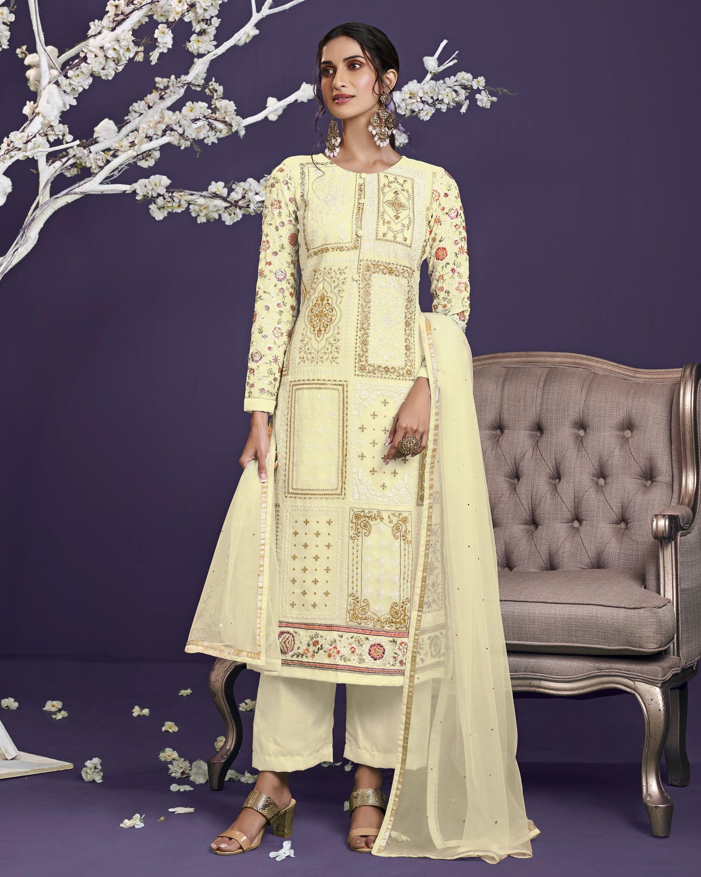 Yellow Georgette Kameez With Salwar Suit For Indian & Pakistani Wedding Festival Season - Thread, Zari & Sequence Work