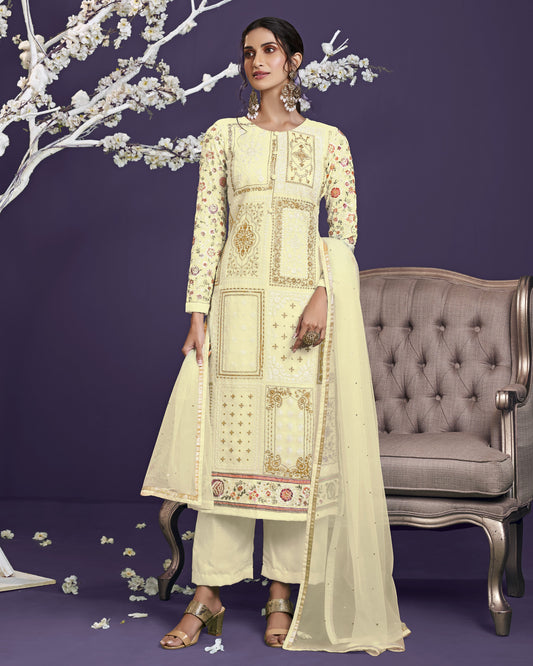 Yellow Georgette Kameez With Salwar Suit For Indian & Pakistani Wedding Festival Season - Thread, Zari & Sequence Work